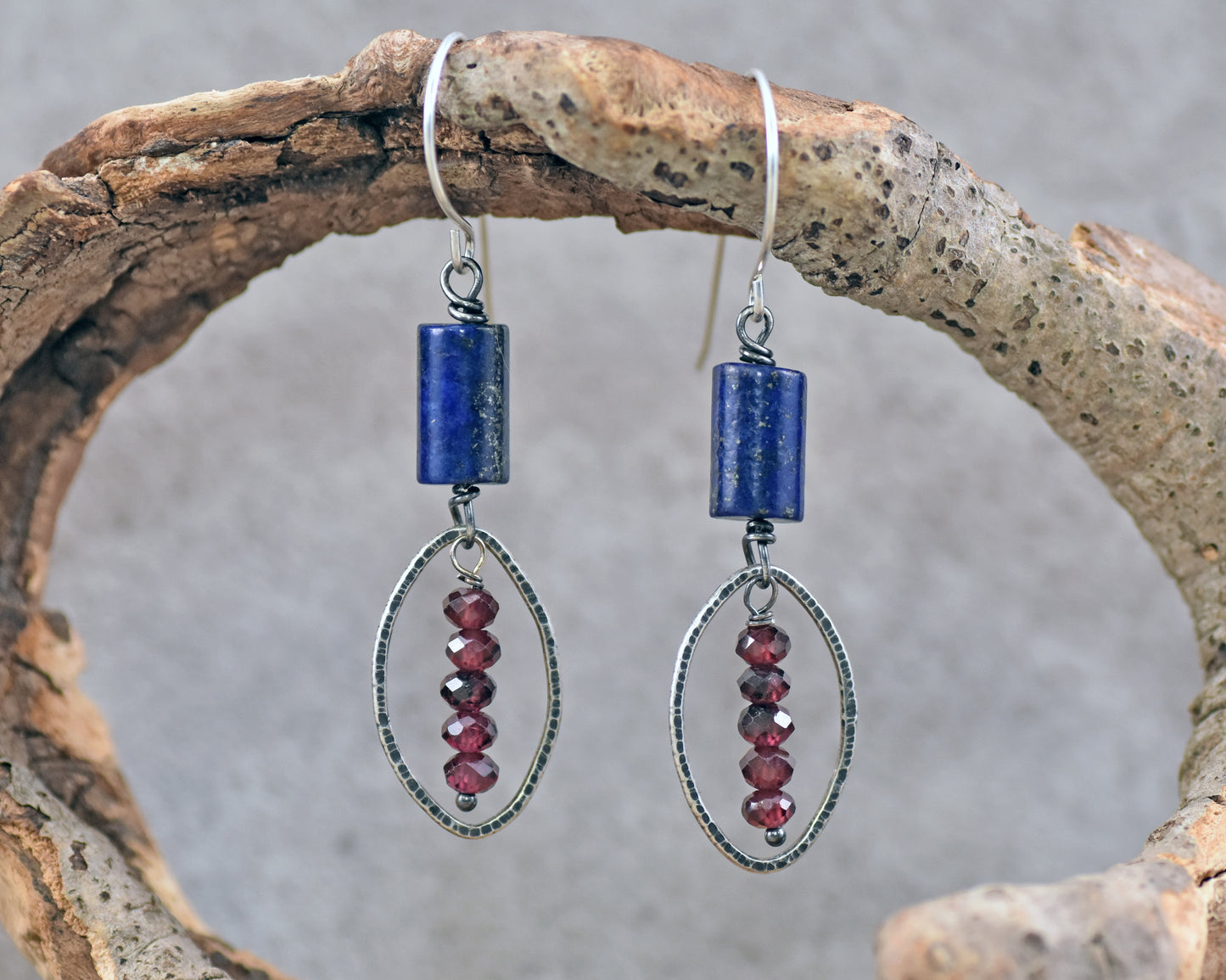 Lapis Lazuli, Garnet and Sterling Silver Wire Earrings