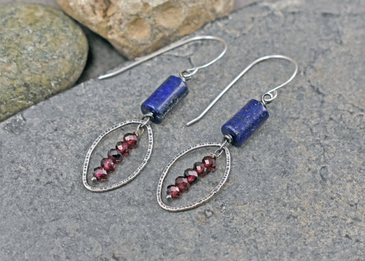 Lapis Lazuli, Garnet and Sterling Silver Wire Earrings