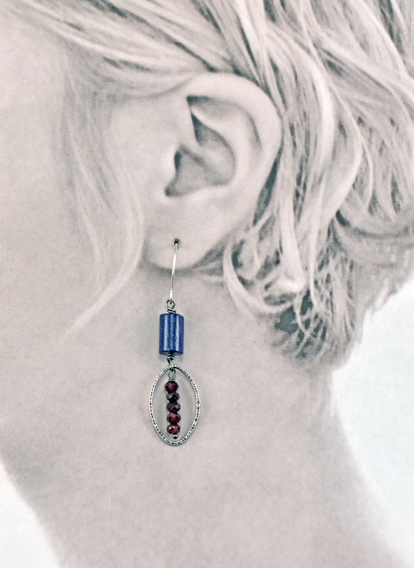 Lapis Lazuli, Garnet and Sterling Silver Wire Earrings