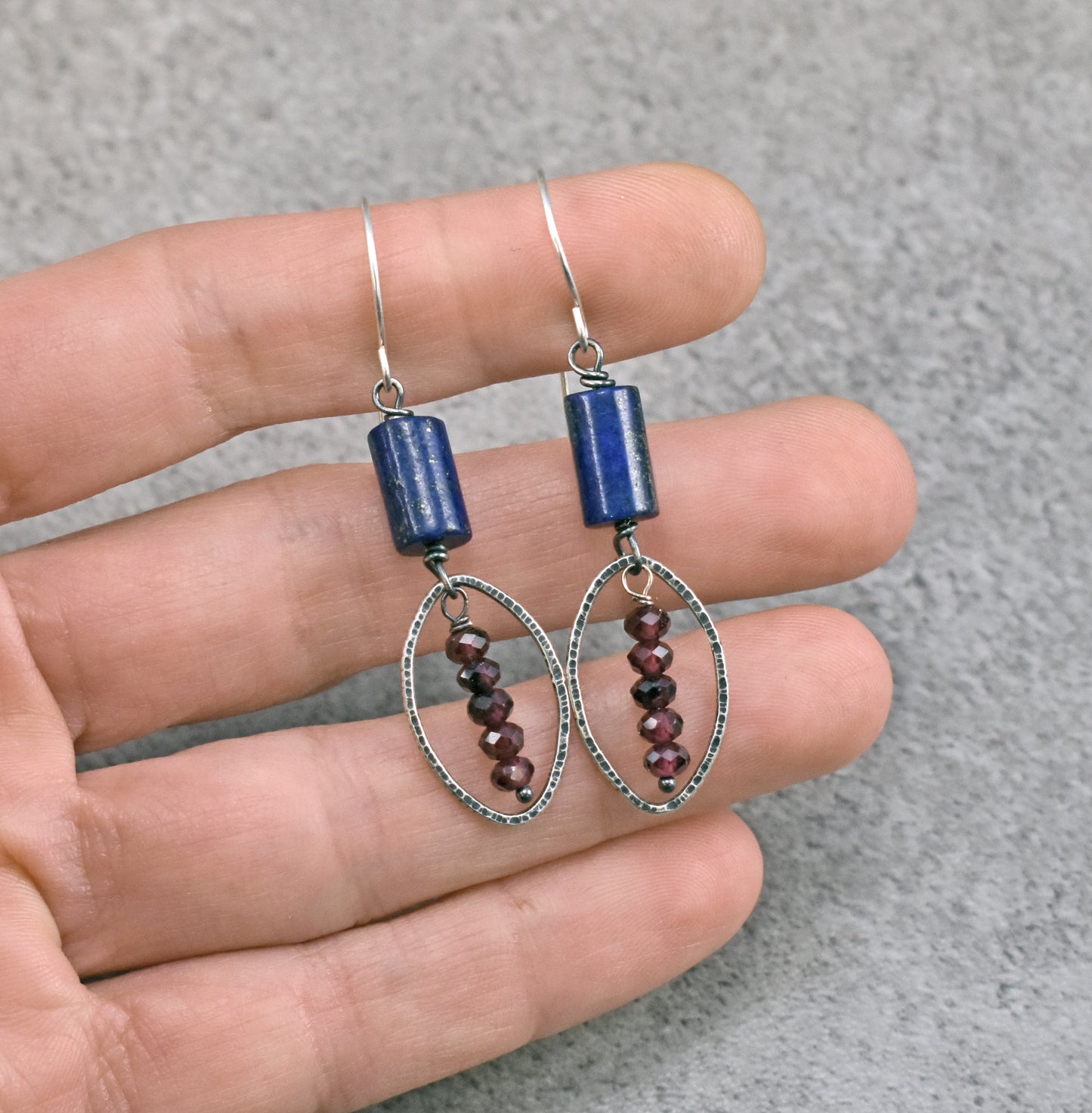 Lapis Lazuli, Garnet and Sterling Silver Wire Earrings