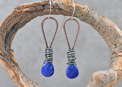 Long Lapis Lazuli Faceted Teardrop Mixed Metal Earrings