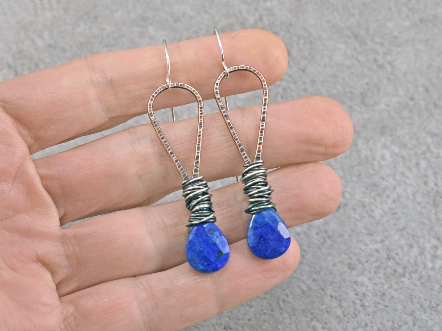 Long Lapis Lazuli Faceted Teardrop Mixed Metal Earrings