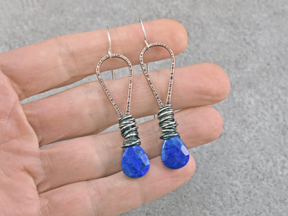 Long Lapis Lazuli Faceted Teardrop Mixed Metal Earrings