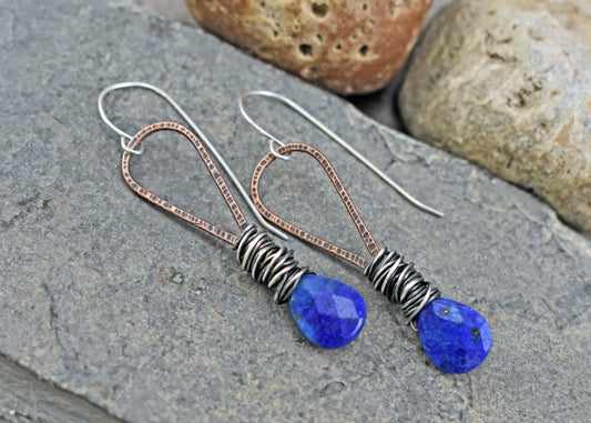 Long Lapis Lazuli Faceted Teardrop Mixed Metal Earrings