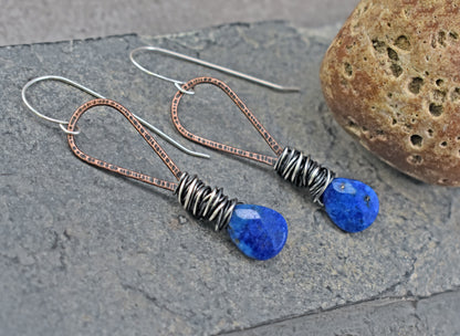 Long Lapis Lazuli Faceted Teardrop Mixed Metal Earrings