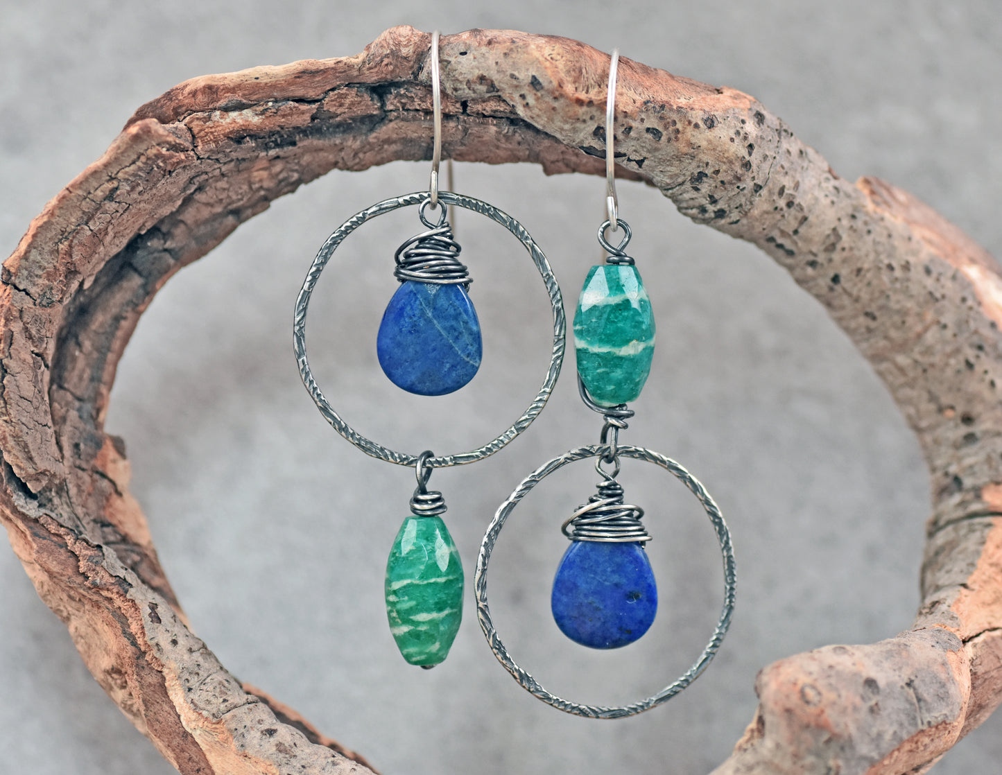 Lapis Lazuli, Amazonite amd Sterling Silver Asymmetrical Earrings, Blue Green Stone Artisan Jewelry