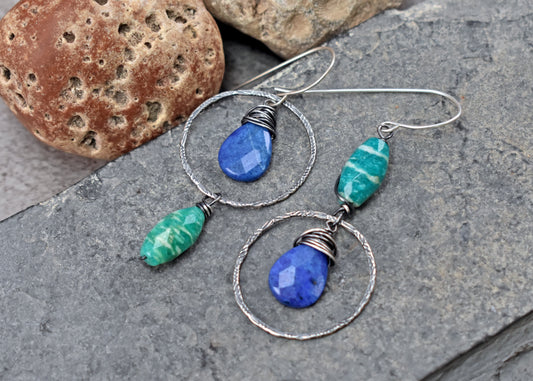 Lapis Lazuli, Amazonite amd Sterling Silver Asymmetrical Earrings, Blue Green Stone Artisan Jewelry