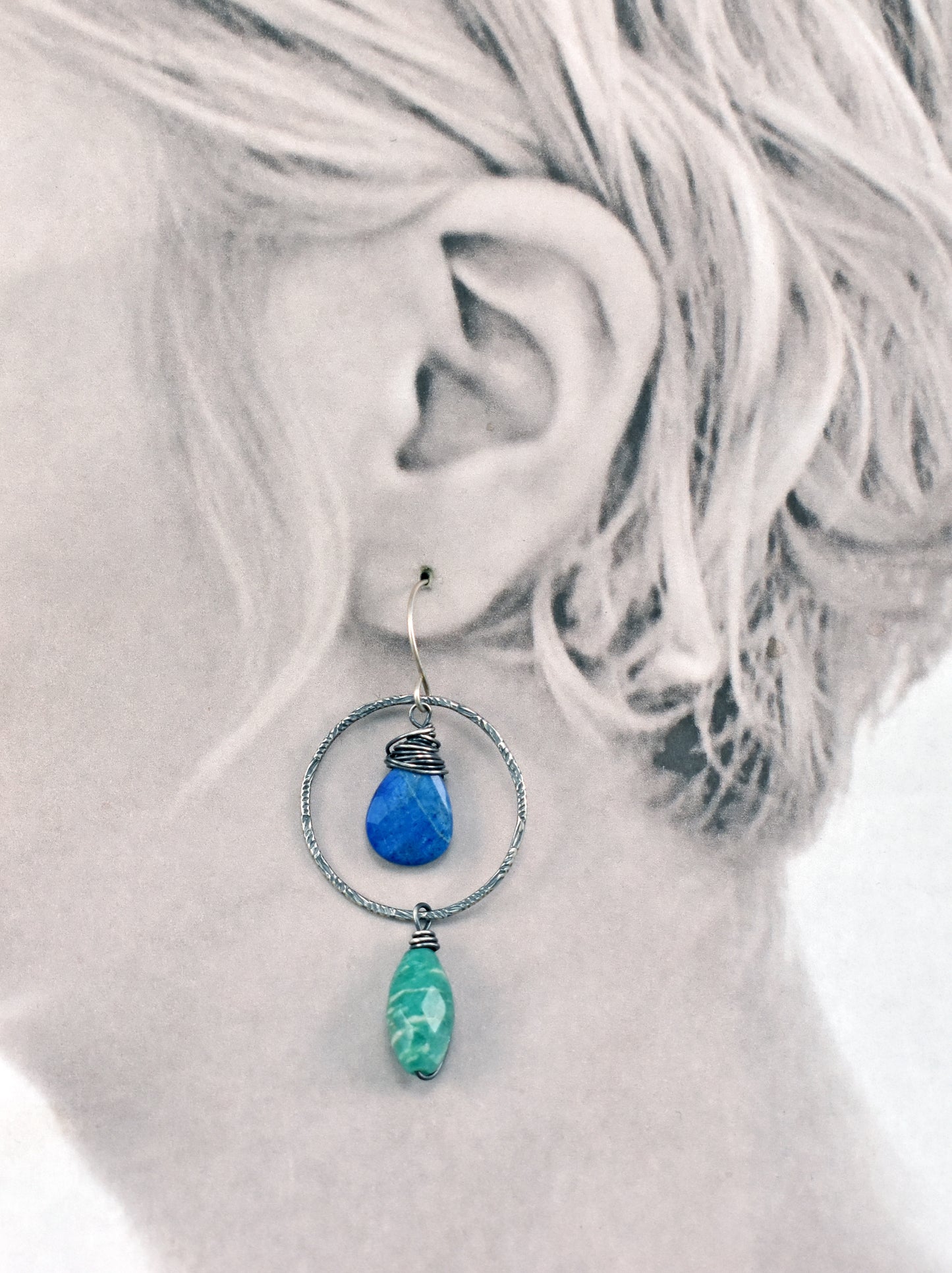 Lapis Lazuli, Amazonite amd Sterling Silver Asymmetrical Earrings, Blue Green Stone Artisan Jewelry