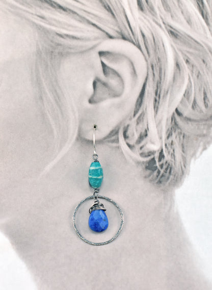 Lapis Lazuli, Amazonite amd Sterling Silver Asymmetrical Earrings, Blue Green Stone Artisan Jewelry