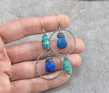 Lapis Lazuli, Amazonite amd Sterling Silver Asymmetrical Earrings, Blue Green Stone Artisan Jewelry