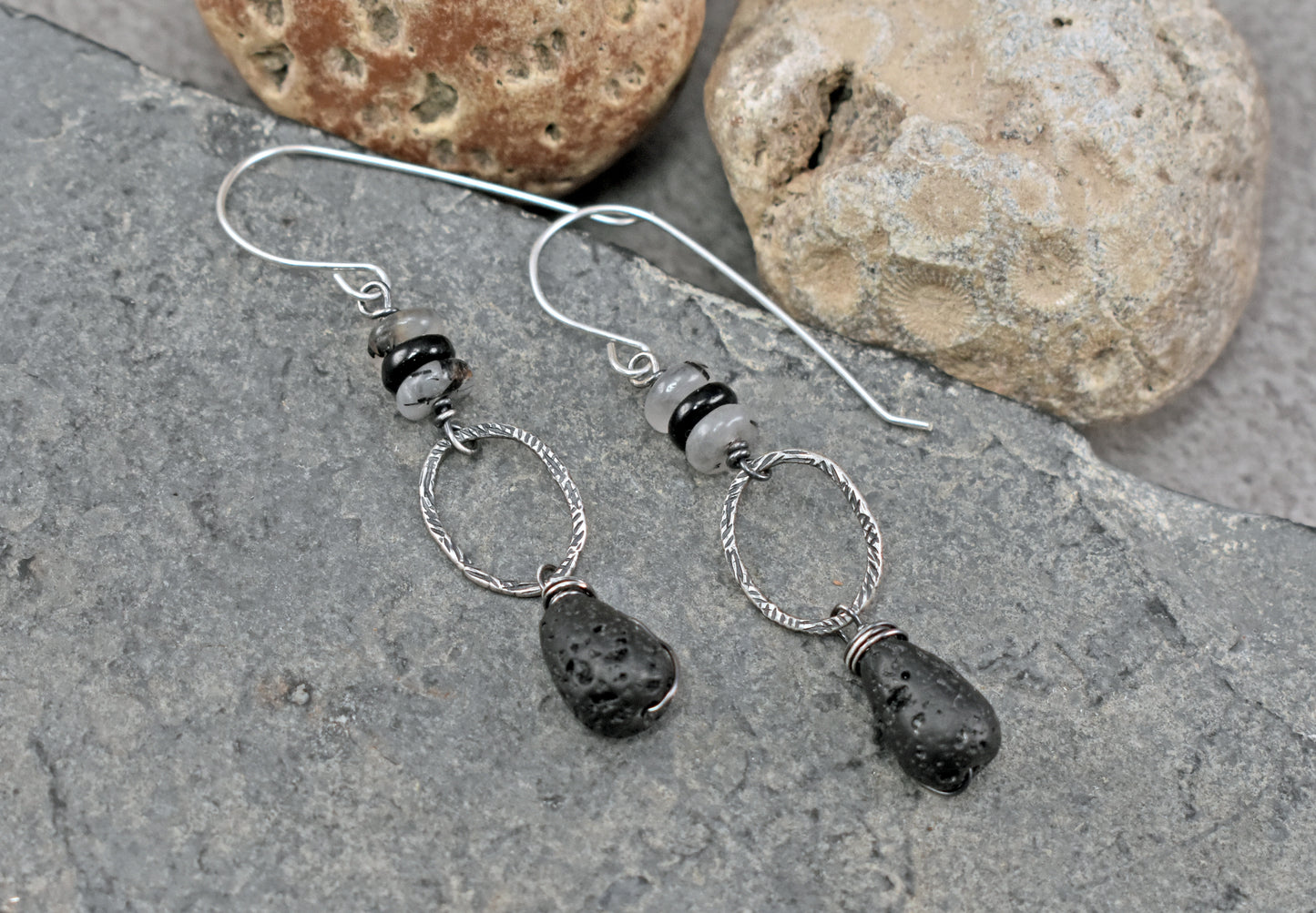 Lava Rock, Tourmalinated Quartz and Sterling Silver Earrings, Black and White Gemstone Jewelry