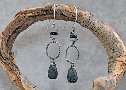 Lava Rock, Tourmalinated Quartz and Sterling Silver Earrings, Black and White Gemstone Jewelry