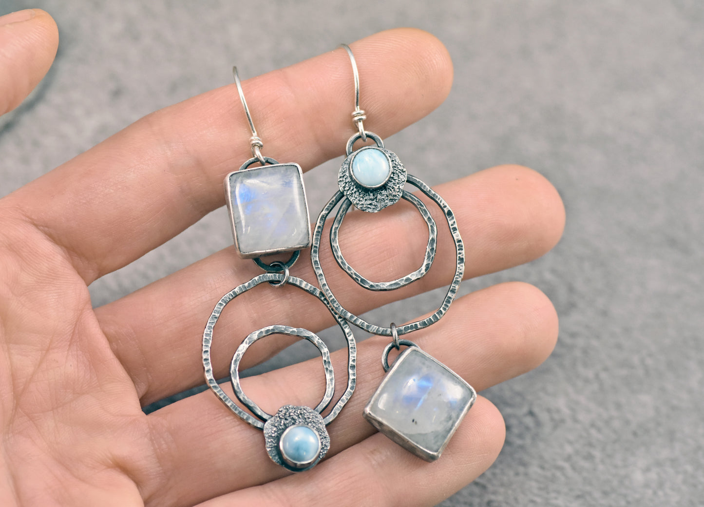 Rainbow Moonstone, Larimar and Sterling Silver Statement Dangle Earrings