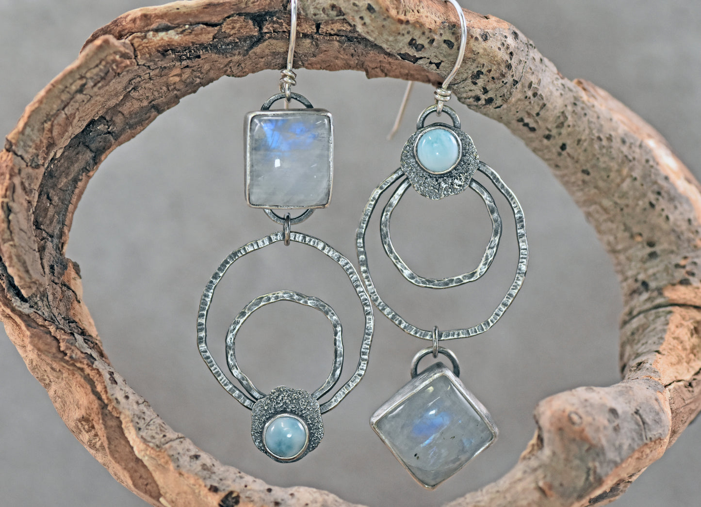 Rainbow Moonstone, Larimar and Sterling Silver Statement Dangle Earrings