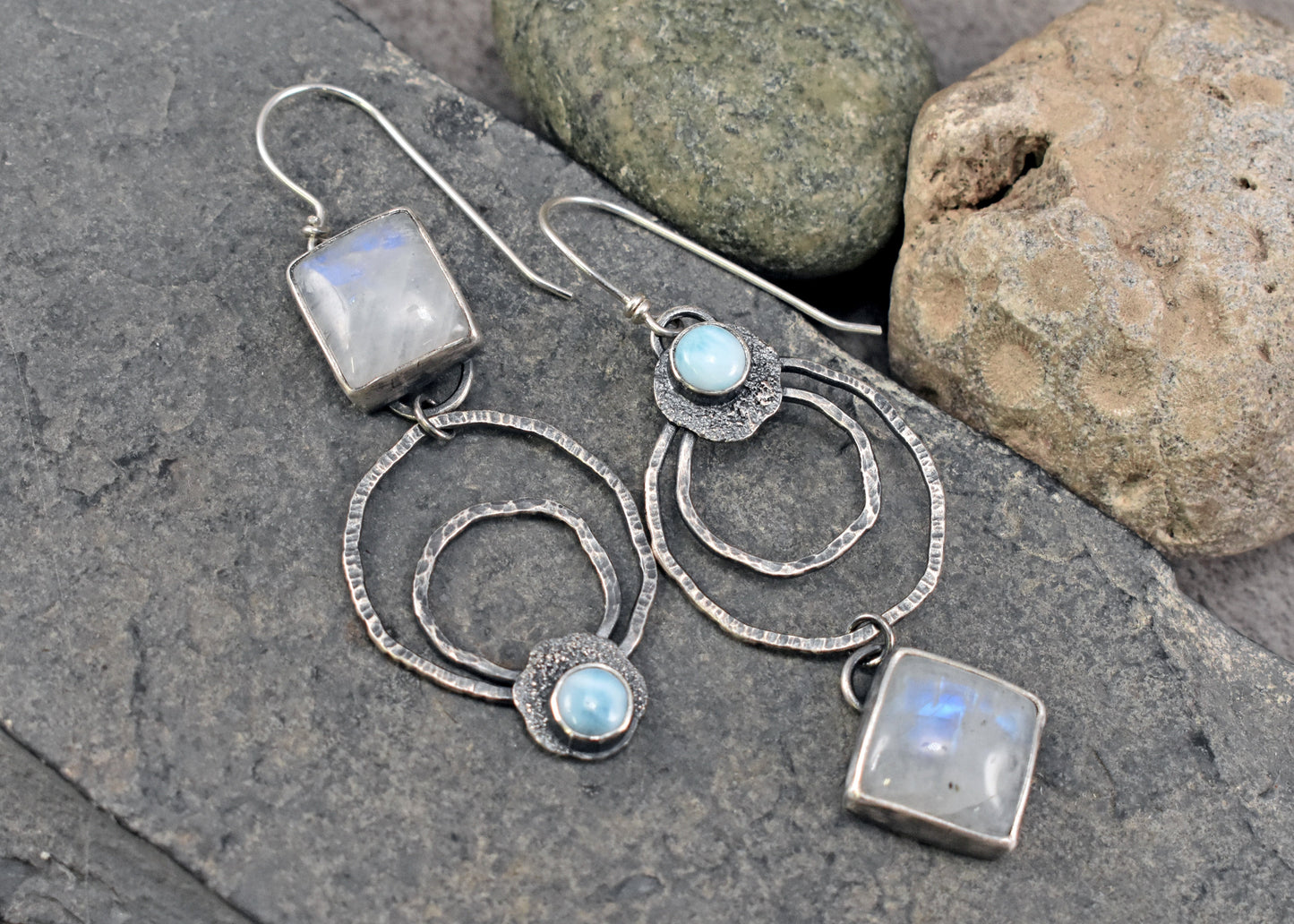 Rainbow Moonstone, Larimar and Sterling Silver Statement Dangle Earrings