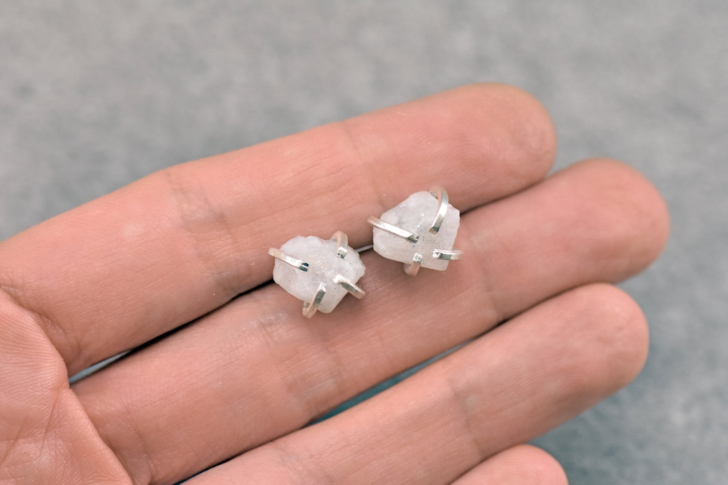 Raw Moonstone and Sterling Silver Prong Set Post Earrings