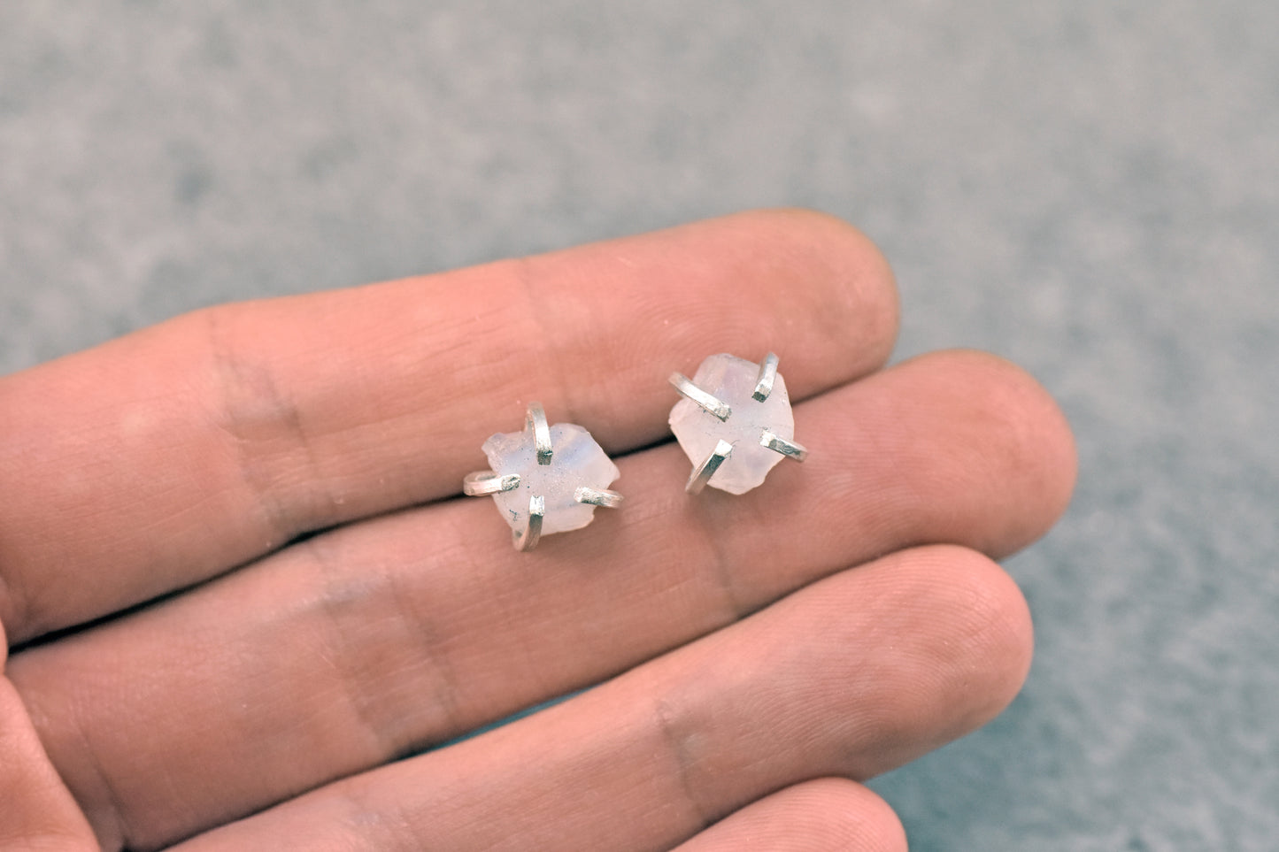 Raw Moonstone and Sterling Silver Prong Set Stud Earrings