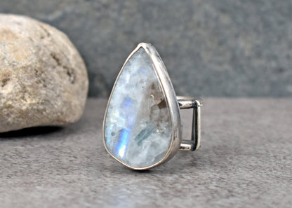 Rainbow Moonstone and Sterling Silver Wide Band Statement Ring, Size 7.5