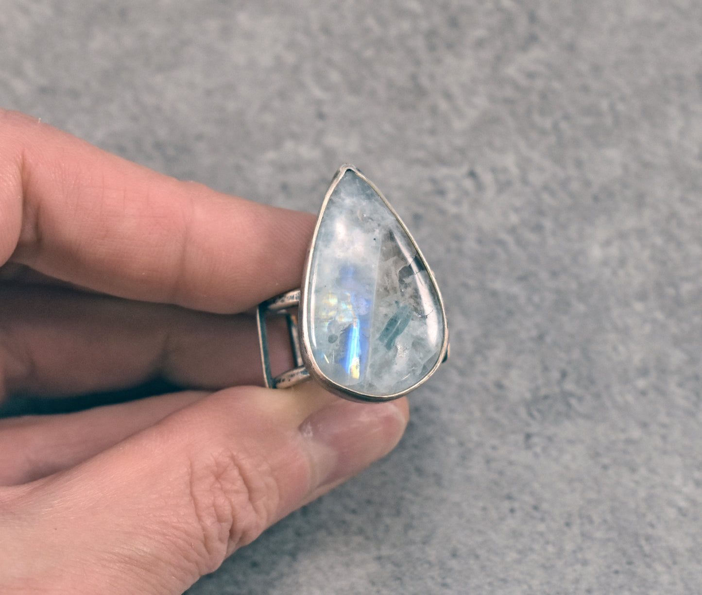 Rainbow Moonstone and Sterling Silver Wide Band Statement Ring, Size 7.5