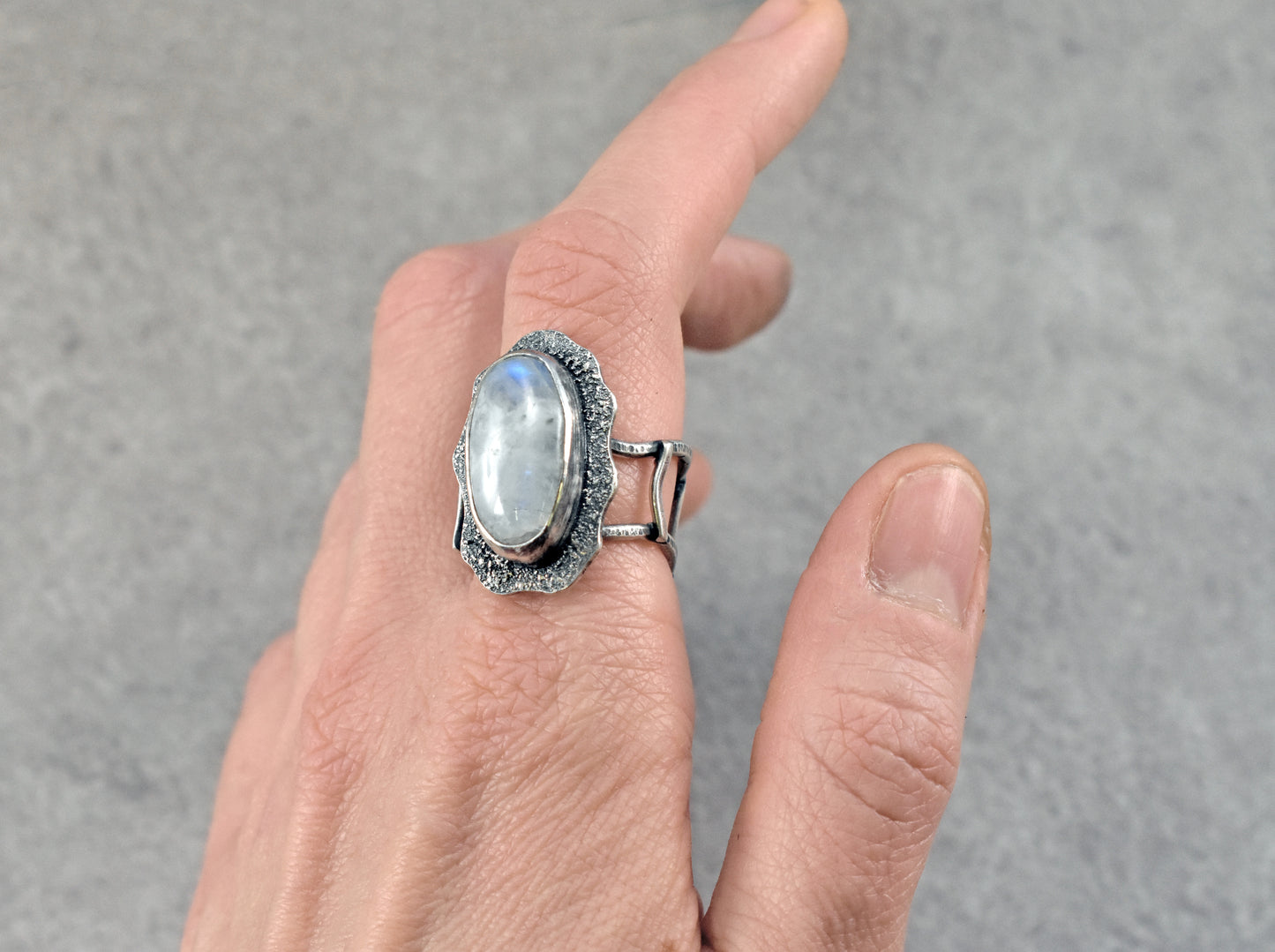 Rainbow Moonstone and Sterling Silver Wide Band Statement Ring, Size 8.5