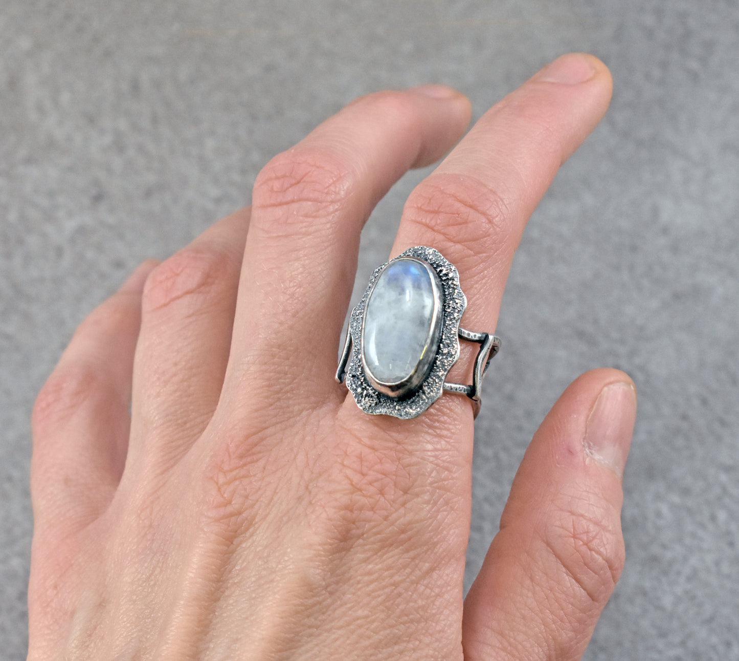 Rainbow Moonstone and Sterling Silver Wide Band Statement Ring, Size 8.5