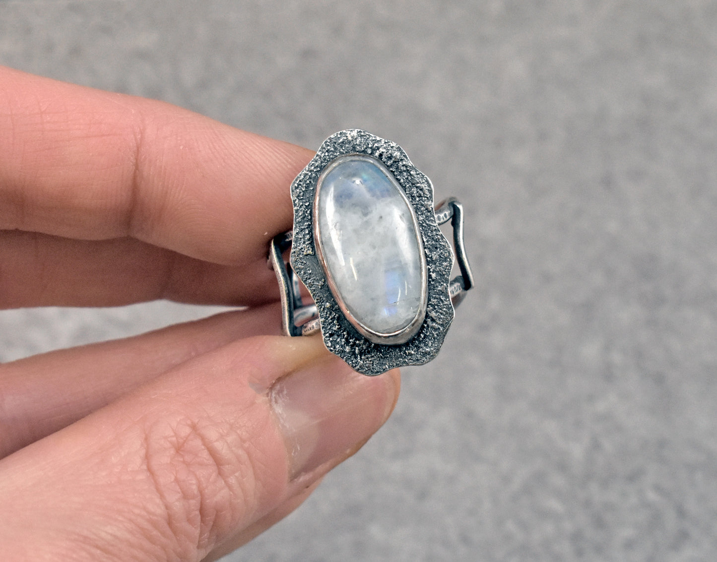 Rainbow Moonstone and Sterling Silver Wide Band Statement Ring, Size 8.5