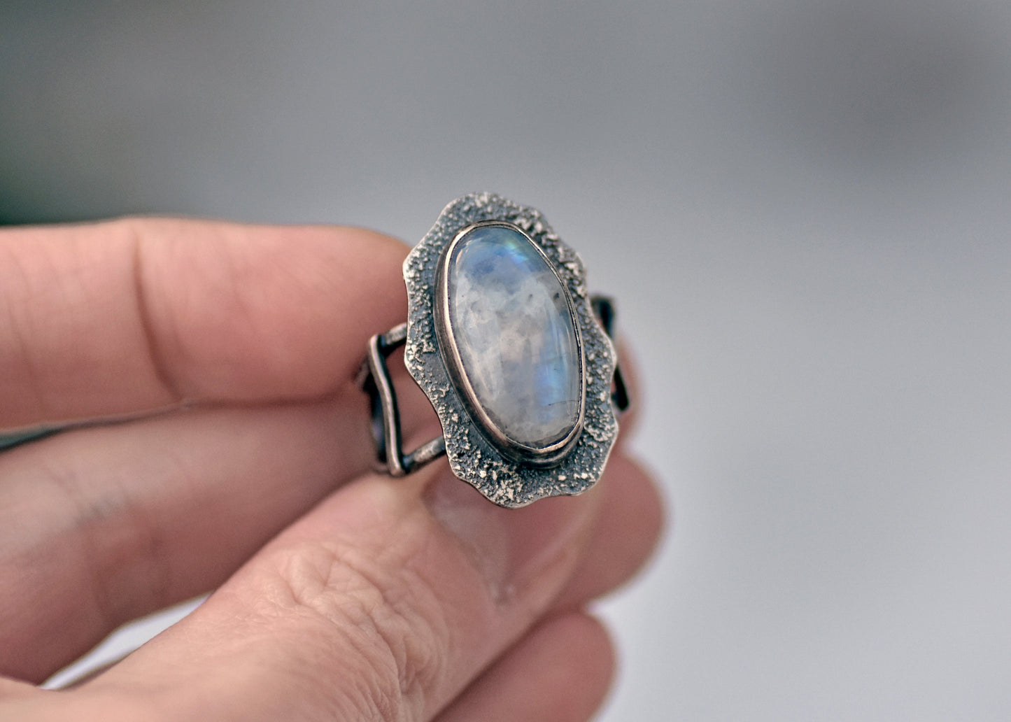 Rainbow Moonstone and Sterling Silver Wide Band Statement Ring, Size 8.5