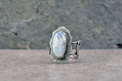 Rainbow Moonstone and Sterling Silver Wide Band Statement Ring, Size 8.5