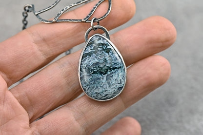 Moss Agate and Sterling Silver Necklace, Rustic Silversmith Jewelry