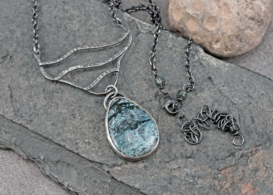 Moss Agate and Sterling Silver Necklace, Rustic Silversmith Jewelry