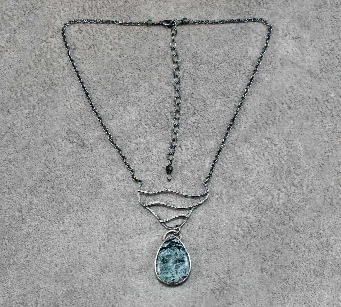 Moss Agate and Sterling Silver Necklace, Rustic Silversmith Jewelry