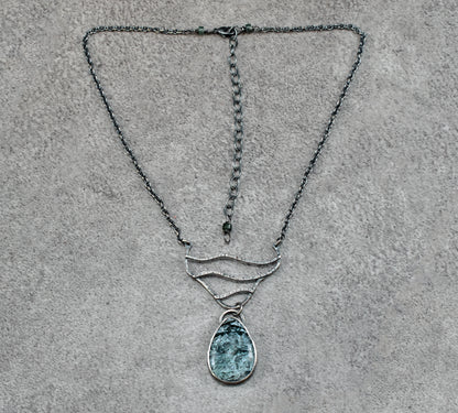 Moss Agate and Sterling Silver Necklace, Rustic Silversmith Jewelry