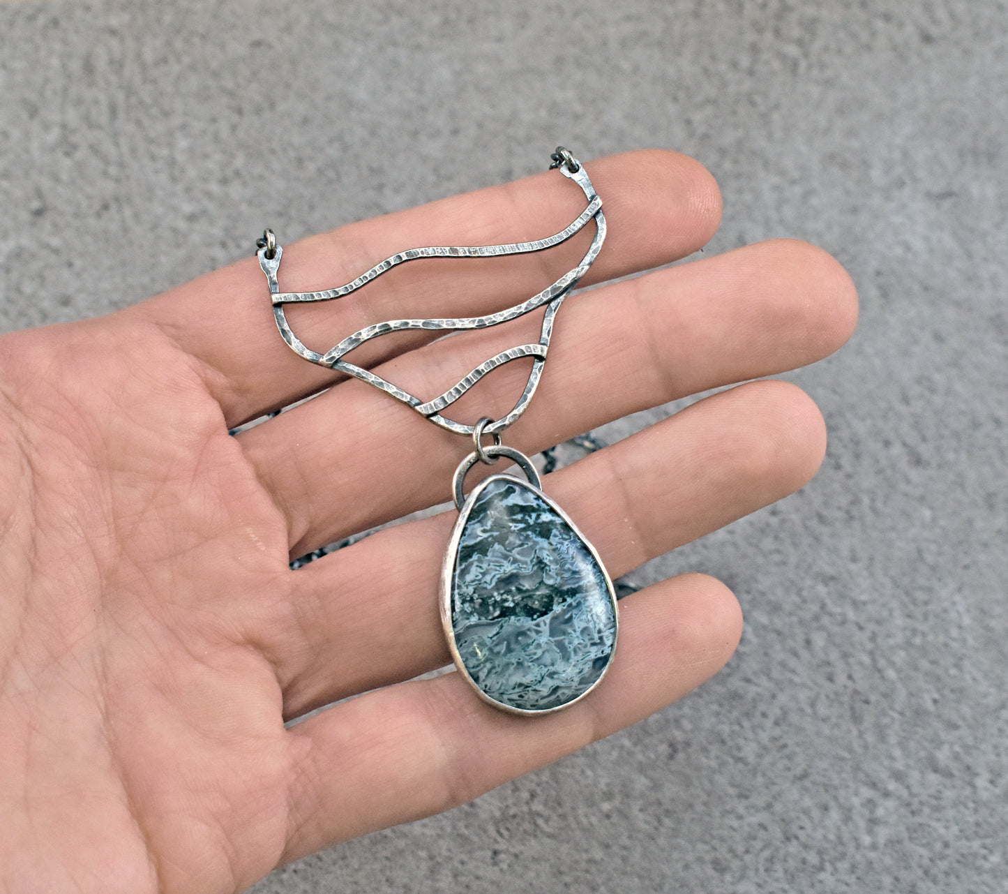 Moss Agate and Sterling Silver Necklace, Rustic Silversmith Jewelry