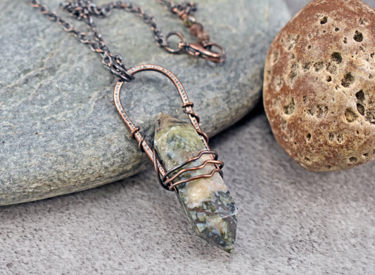 Green Pietersite Double Terminated Point Necklace, Rustic Copper Wire Jewelry