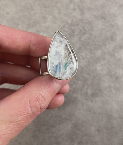 Rainbow Moonstone and Sterling Silver Wide Band Statement Ring, Size 7.5