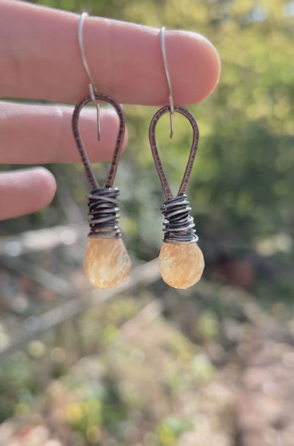 Rutilated Quartz Teardrop Earrings, Mixed Metal Yellow Stone Dangles