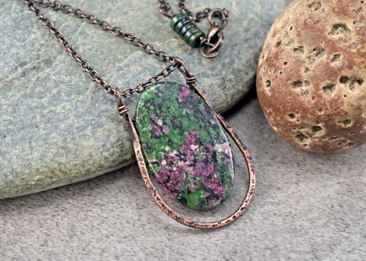 Ruby Zoisite and Copper Necklace, Artisan Natural Stone Pendant