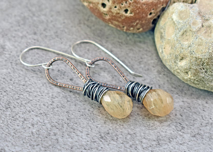 Rutilated Quartz Teardrop Earrings, Mixed Metal Yellow Stone Dangles