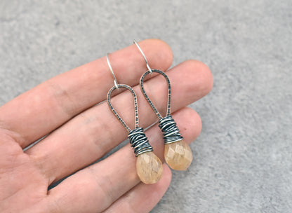 Rutilated Quartz Teardrop Earrings, Mixed Metal Yellow Stone Dangles