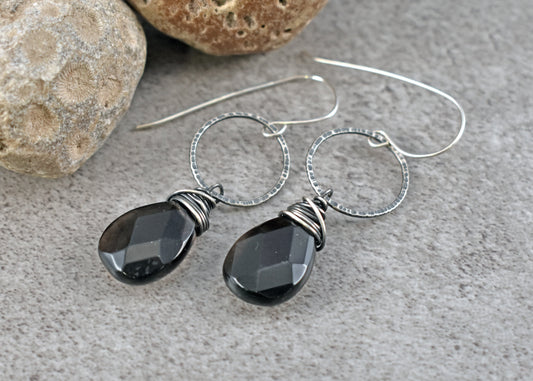 Smoky Quartz Teardrop Earrings Sterling Silver, Large Grey Faceted Gemstone Dangles