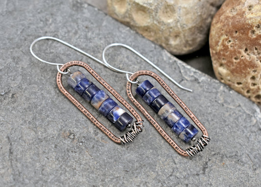 Blue Sodalite Mixed Metal Earrings, Copper and Sterling Silver Handmade Jewelry