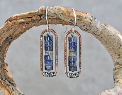 Blue Sodalite Mixed Metal Earrings, Copper and Sterling Silver Handmade Jewelry