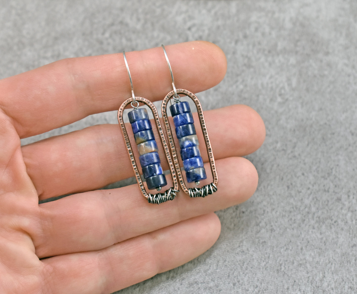 Blue Sodalite Mixed Metal Earrings, Copper and Sterling Silver Handmade Jewelry