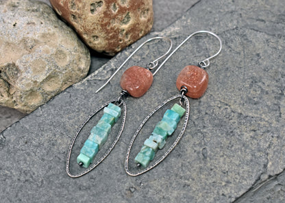 Long Orange Sunstone and Green Amazonite Artisan Earrings