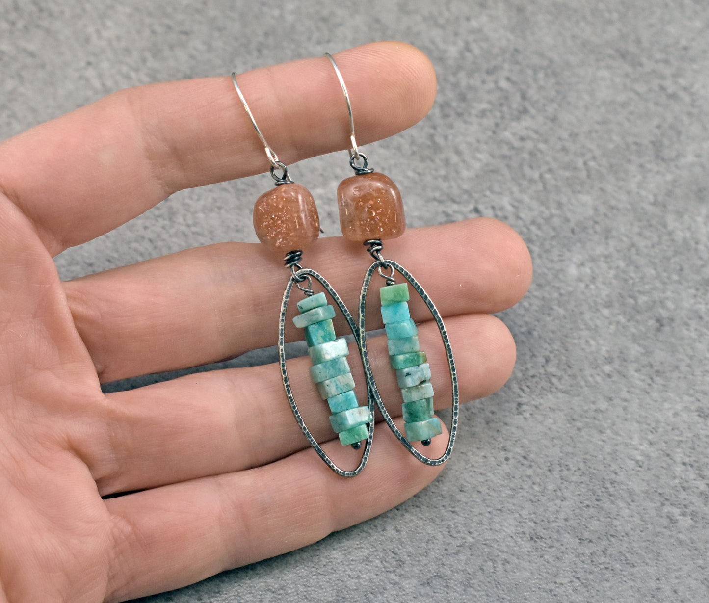 Long Orange Sunstone and Green Amazonite Artisan Earrings