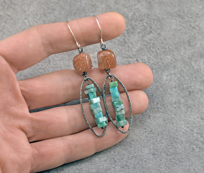 Long Orange Sunstone and Green Amazonite Artisan Earrings