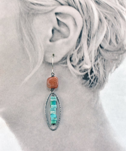 Long Orange Sunstone and Green Amazonite Artisan Earrings