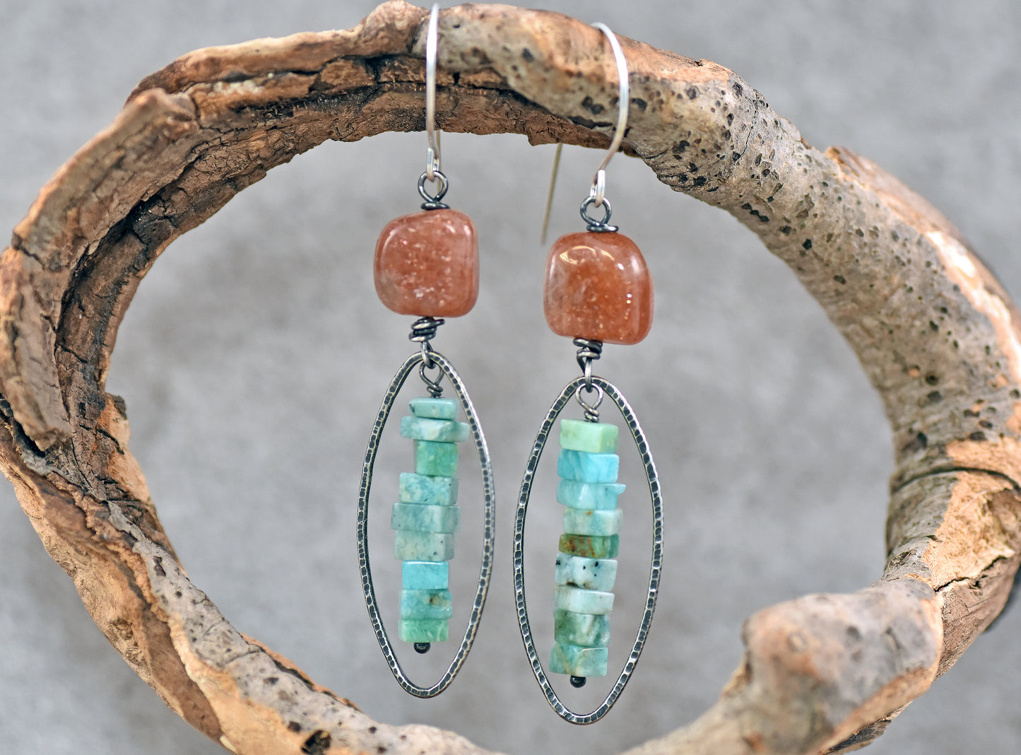 Long Orange Sunstone and Green Amazonite Artisan Earrings