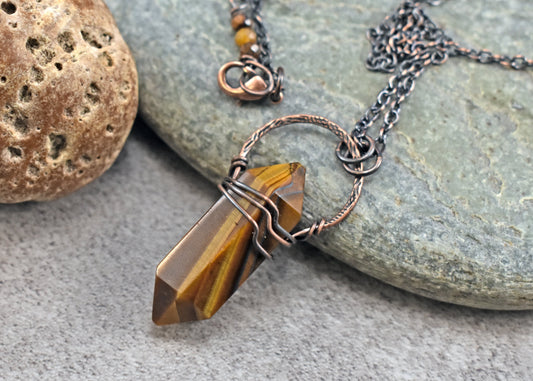 Tiger's Eye Double Terminated Point Necklace, Brown Gold Stone and Copper Pendant