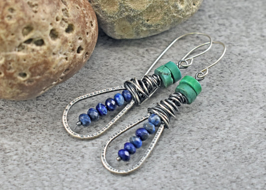 Turquoise, Lapis Lazuli and Sterling Silver Teardrop Earrings, Rustic Boho Jewelry Handmade